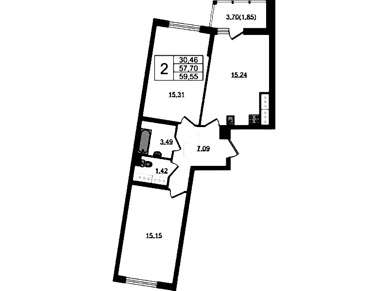 2-комнатная квартира 59.55 м², 20/22 эт., ЖК «Левитан»