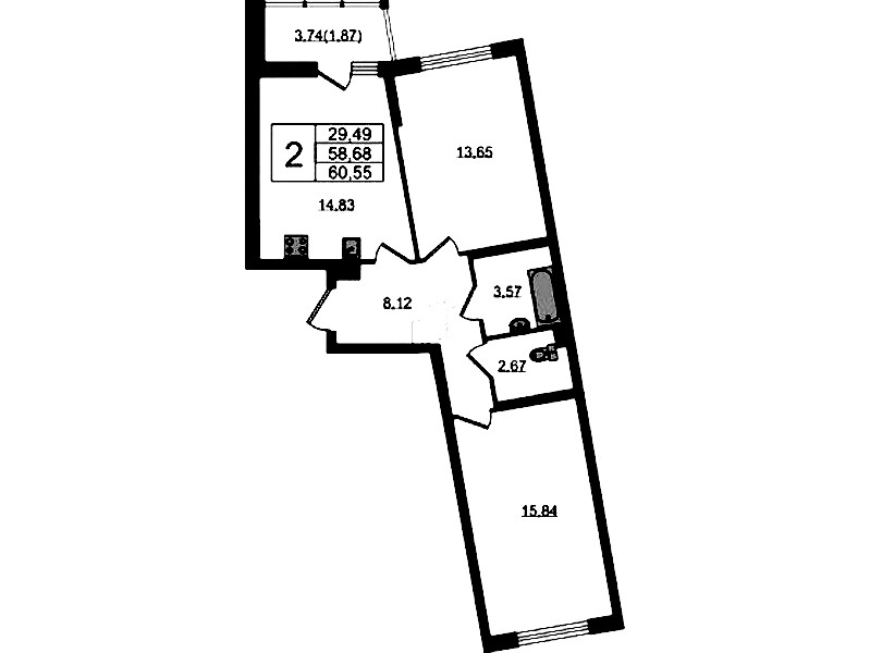 2-комнатная квартира 60.55 м², 2/22 эт., ЖК «Левитан»