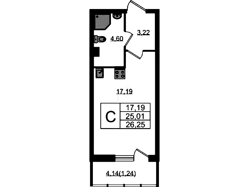 Квартира студия 26.25 м², 2/22 эт., ЖК «Левитан»