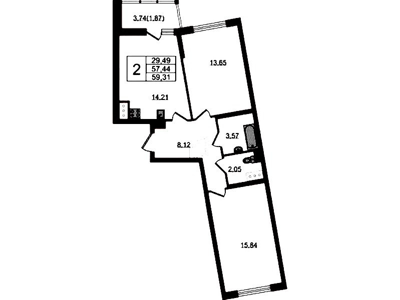 2-комнатная квартира 59.31 м², 8/22 эт., ЖК «Левитан»