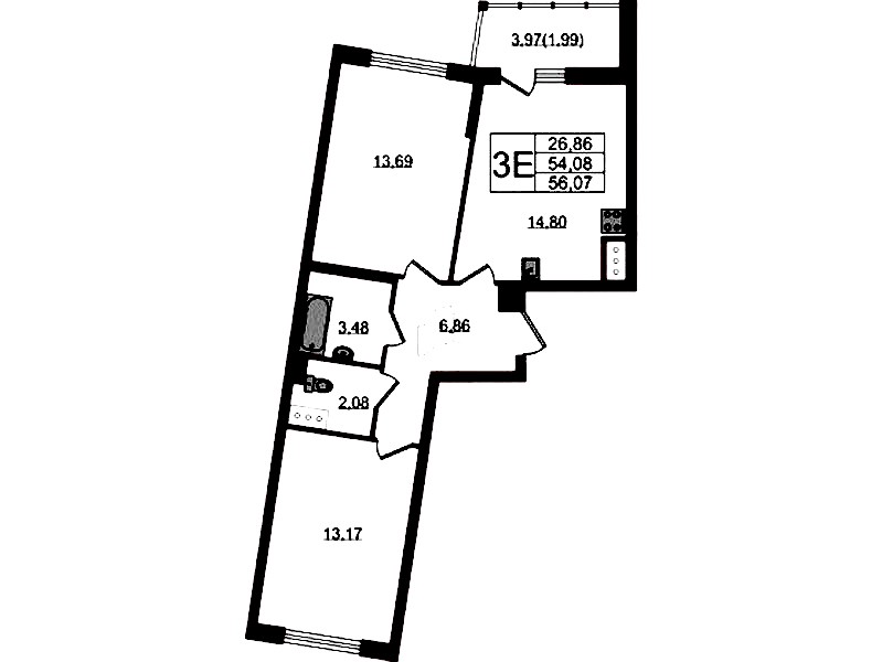 2-комнатная квартира 56.07 м², 10/22 эт., ЖК «Левитан»