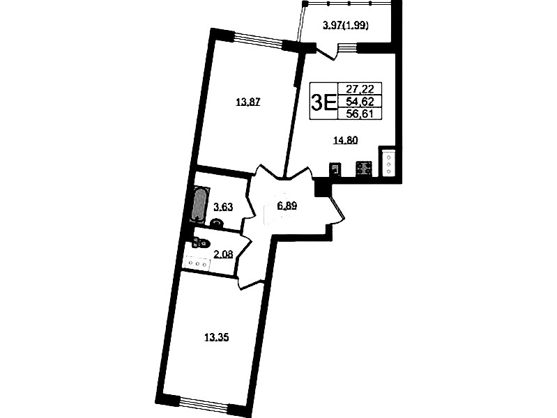 2-комнатная квартира 56.61 м², 13/22 эт., ЖК «Левитан»