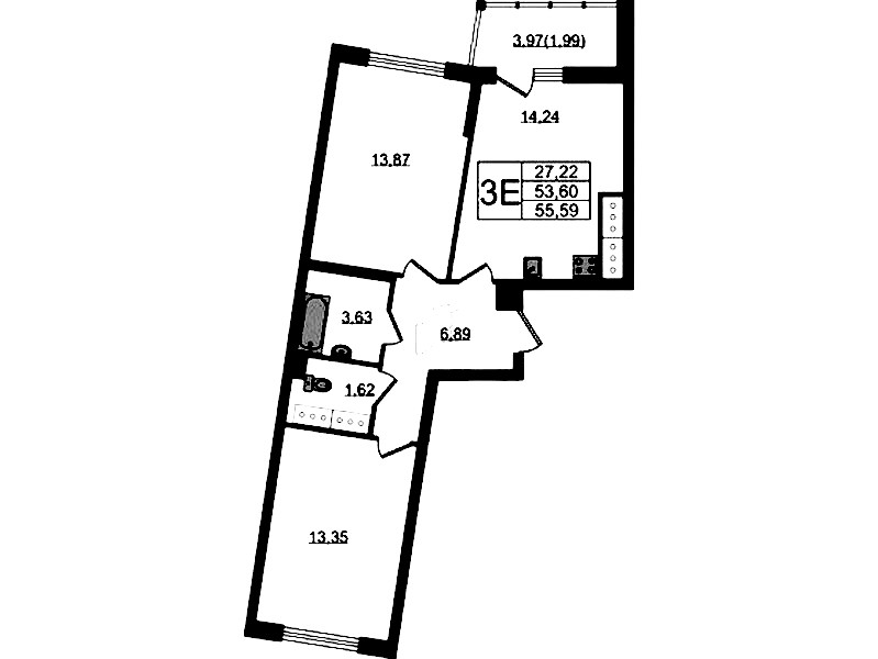 2-комнатная квартира 55.59 м², 20/22 эт., ЖК «Левитан»