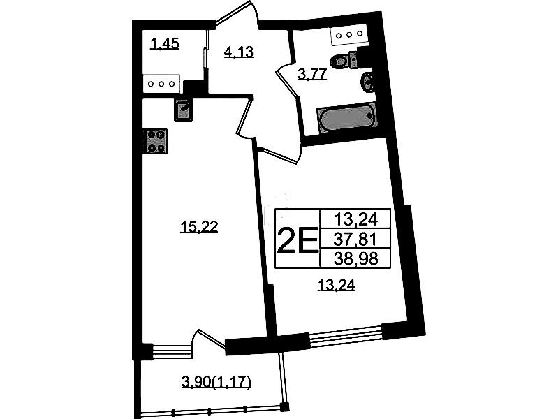 1-комнатная квартира 38.98 м², 3/22 эт., ЖК «Левитан»
