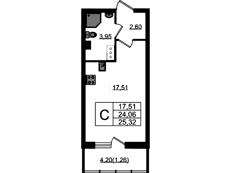 Квартира студия 25.32 м², 12/22 эт., ЖК «Левитан»