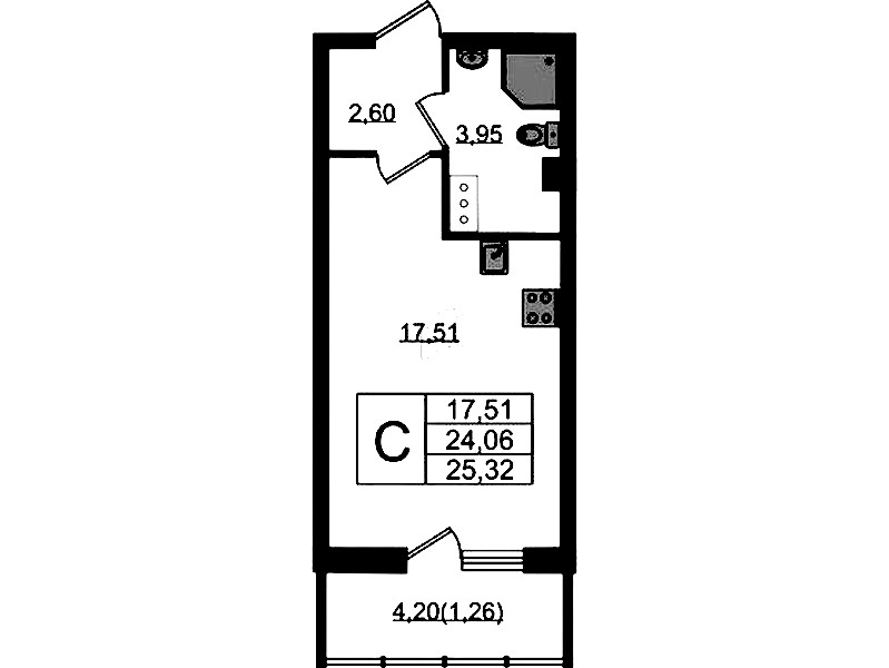Квартира студия 25.32 м², 15/22 эт., ЖК «Левитан»
