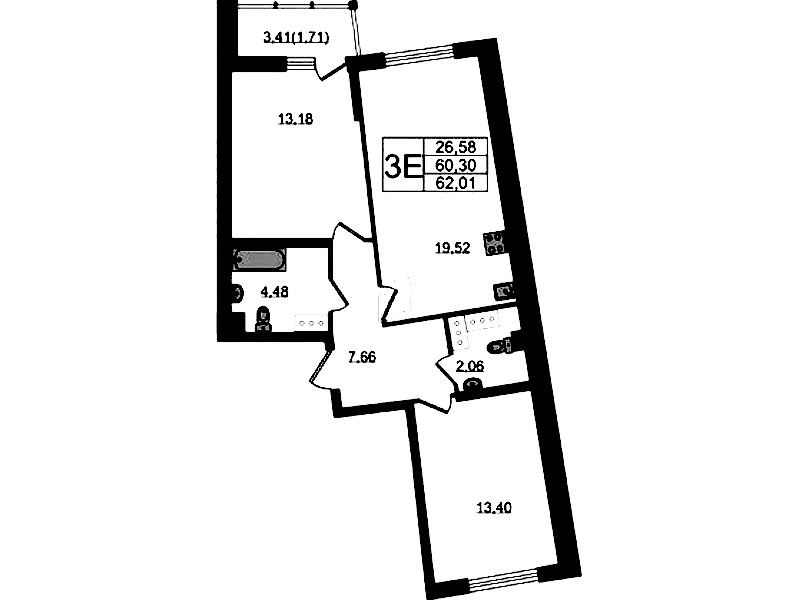 2-комнатная квартира 62.01 м², 20/22 эт., ЖК «Левитан»