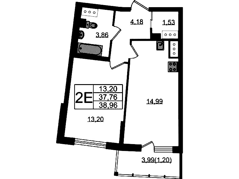 1-комнатная квартира 38.96 м², 20/22 эт., ЖК «Левитан»