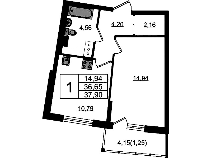 1-комнатная квартира 37.9 м², 17/22 эт., ЖК «Левитан»