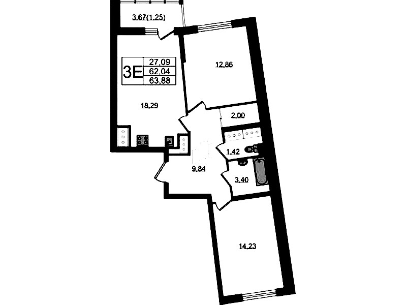2-комнатная квартира 63.88 м², 22/22 эт., ЖК «Левитан»