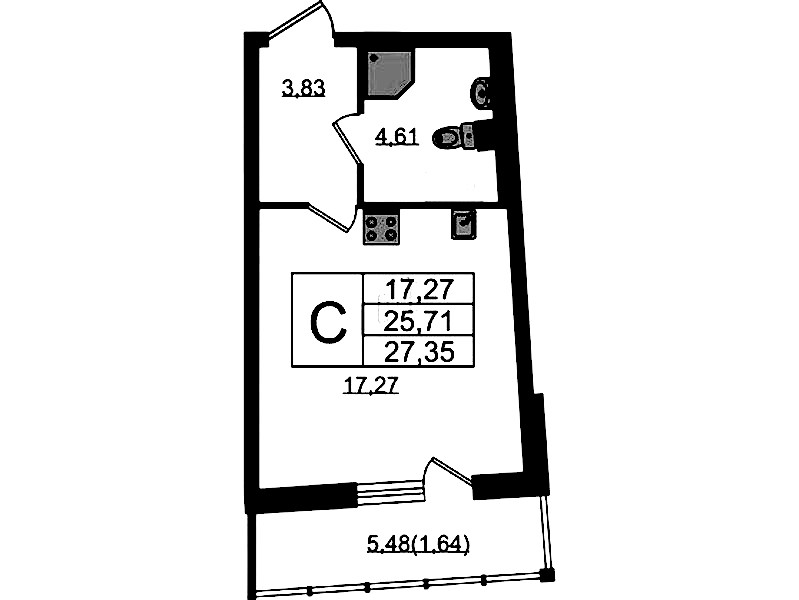 Квартира студия 27.35 м², 3/22 эт., ЖК «Левитан»