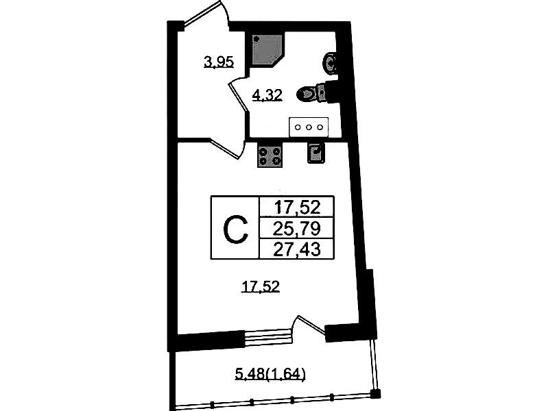 Квартира студия 27.43 м², 14/22 эт., ЖК «Левитан»