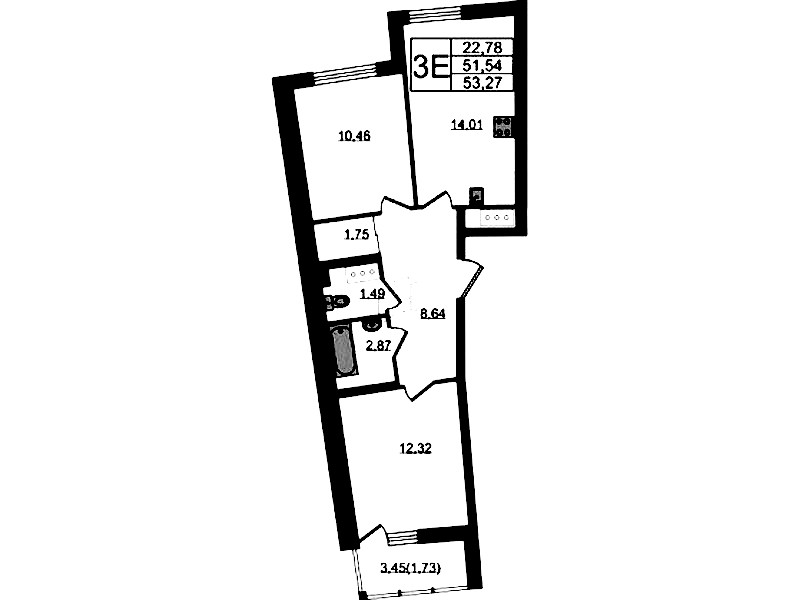 2-комнатная квартира 53.27 м², 15/22 эт., ЖК «Левитан»