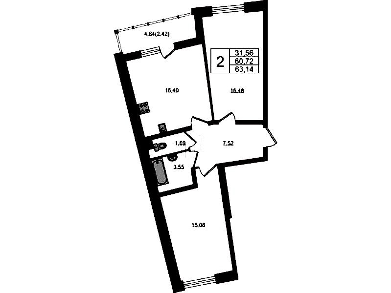 2-комнатная квартира 63.14 м², 1/22 эт., ЖК «Левитан»