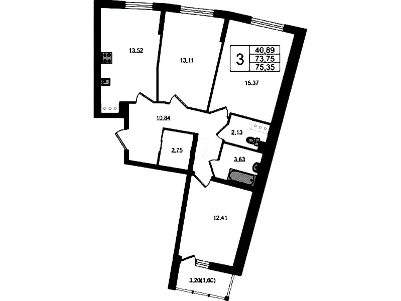 3-комнатная квартира 75.35 м², 3/22 эт., ЖК «Левитан»