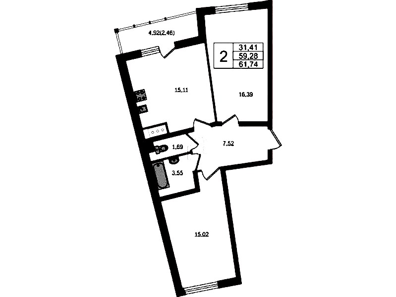 2-комнатная квартира 61.74 м², 6/22 эт., ЖК «Левитан»