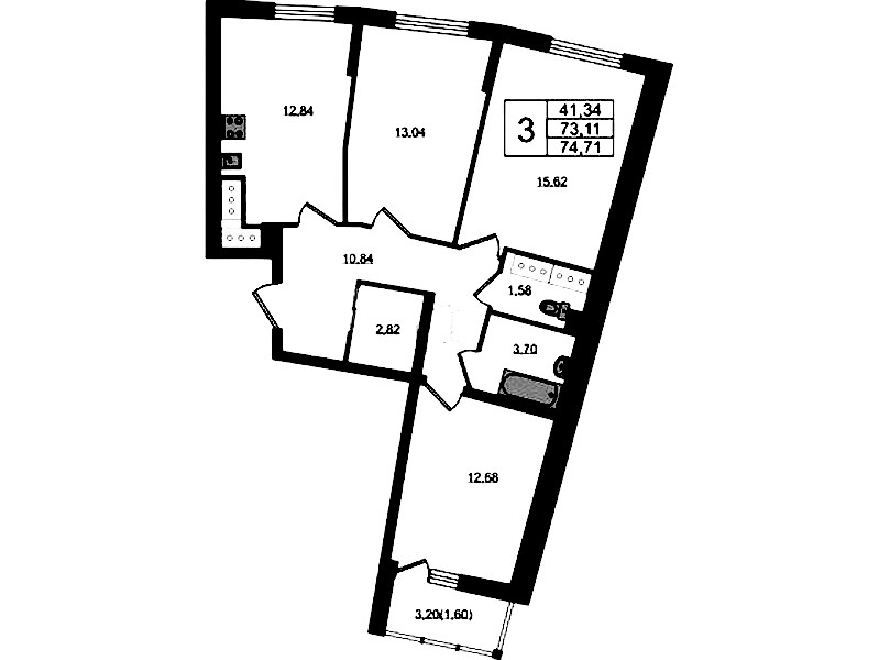 3-комнатная квартира 74.71 м², 21/22 эт., ЖК «Левитан»