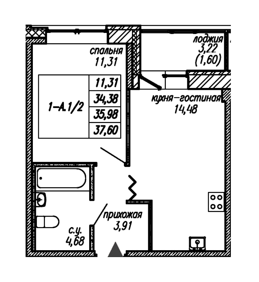 1-комнатная квартира 35.98 м², 2/9 эт., ЖК «Уютный»