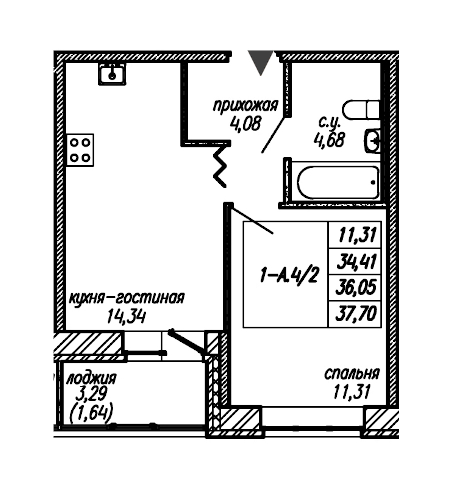1-комнатная квартира 36.05 м², 2/9 эт., ЖК «Уютный»