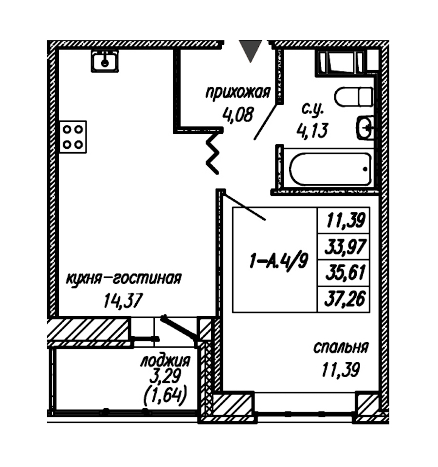 1-комнатная квартира 35.61 м², 9/9 эт., ЖК «Уютный»