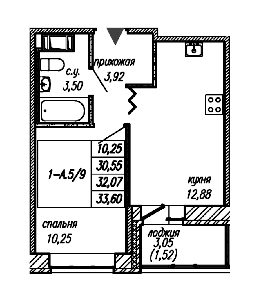 1-комнатная квартира 32.07 м², 9/9 эт., ЖК «Уютный»
