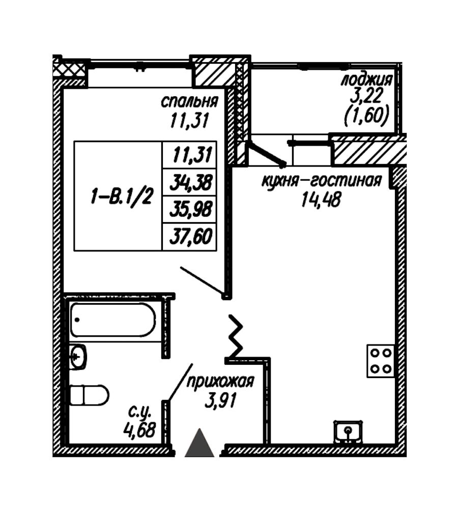 1-комнатная квартира 35.98 м², 2/9 эт., ЖК «Уютный»