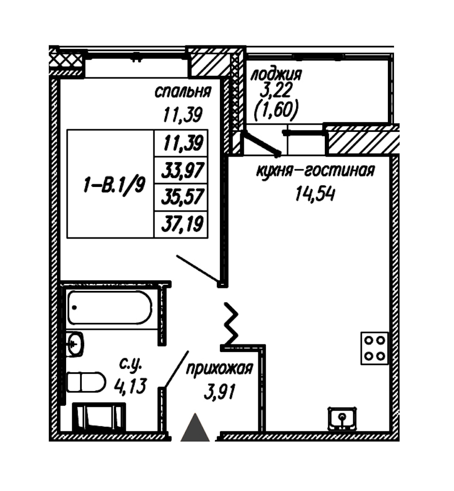 1-комнатная квартира 35.57 м², 9/9 эт., ЖК «Уютный»