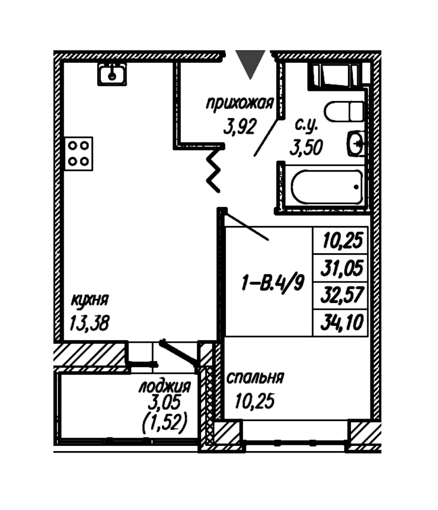 1-комнатная квартира 32.57 м², 9/9 эт., ЖК «Уютный»