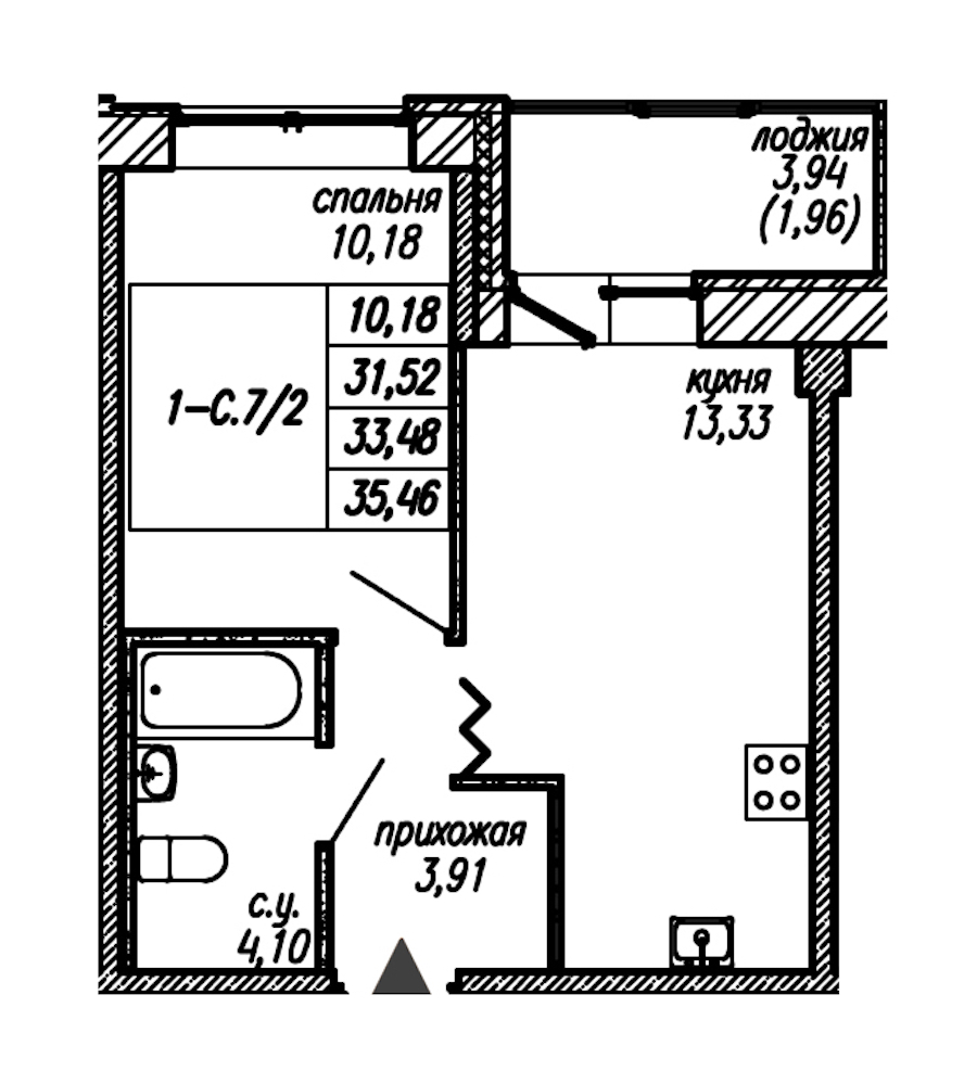 1-комнатная квартира 33.48 м², 2/9 эт., ЖК «Уютный»