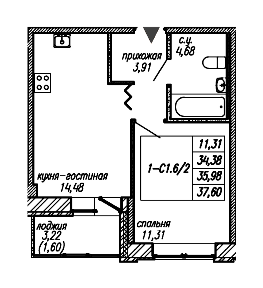 1-комнатная квартира 35.98 м², 2/9 эт., ЖК «Уютный»