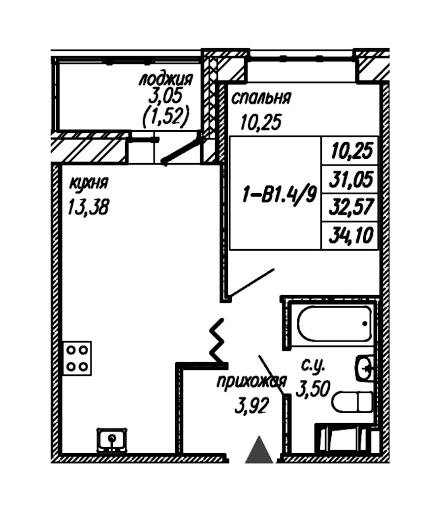1-комнатная квартира 32.57 м², 9/9 эт., ЖК «Уютный»