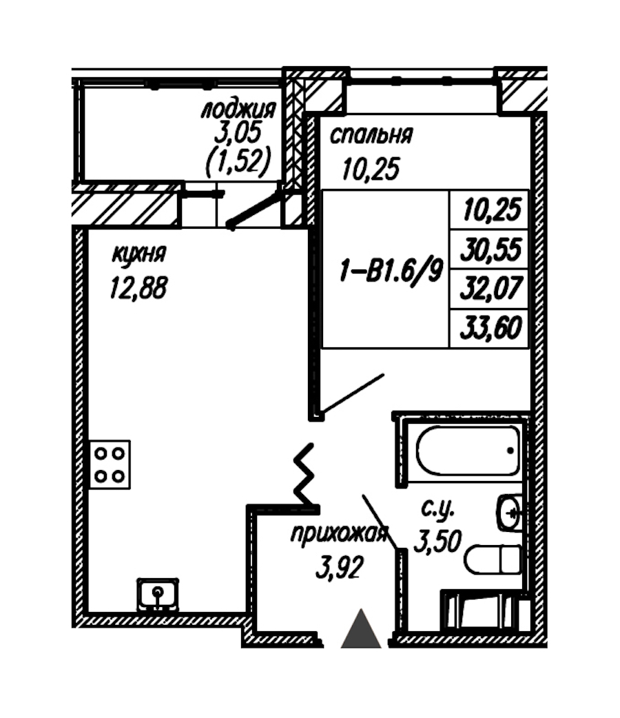 1-комнатная квартира 32.07 м², 9/9 эт., ЖК «Уютный»