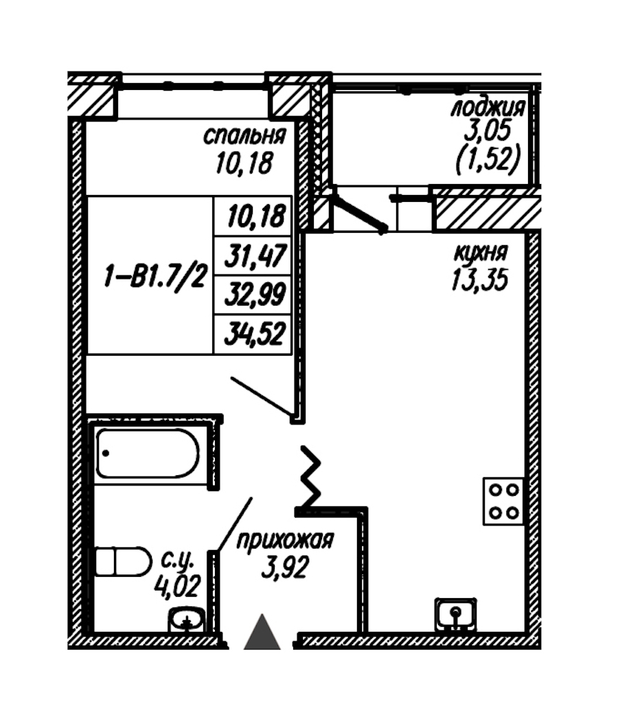 1-комнатная квартира 32.99 м², 2/9 эт., ЖК «Уютный»