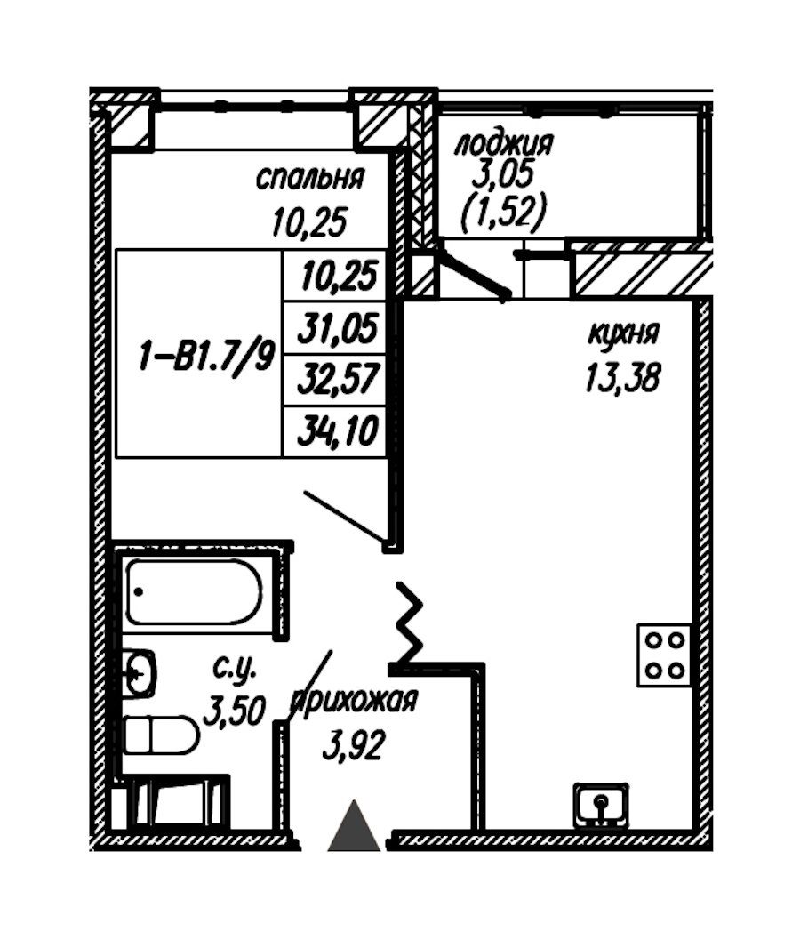 1-комнатная квартира 32.57 м², 9/9 эт., ЖК «Уютный»