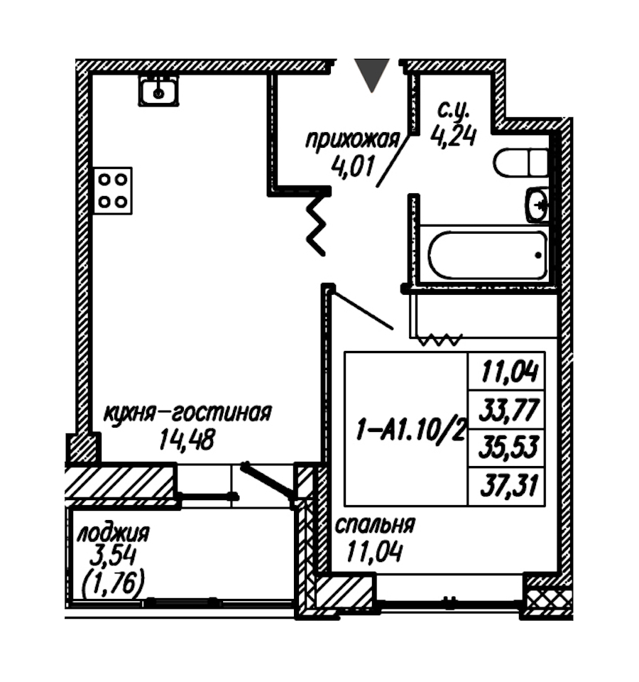 1-комнатная квартира 35.53 м², 2/9 эт., ЖК «Уютный»