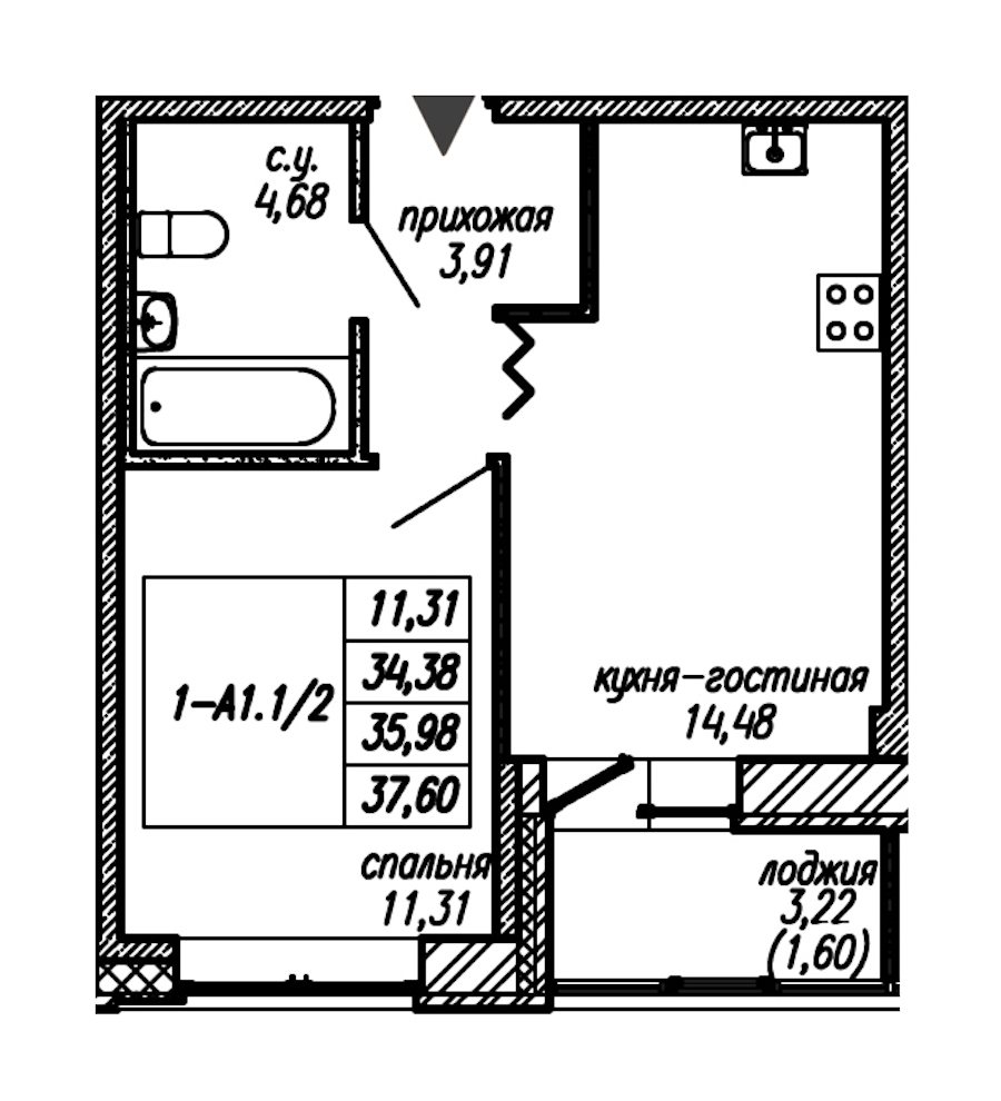 1-комнатная квартира 35.98 м², 2/9 эт., ЖК «Уютный»