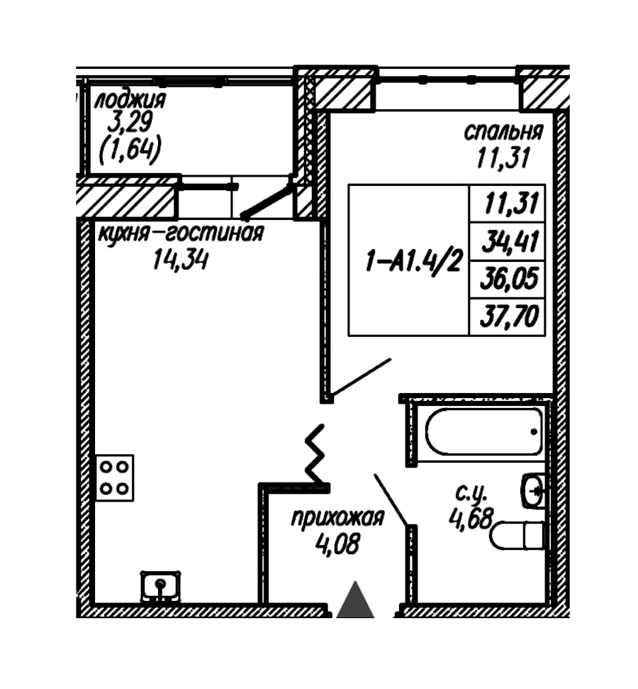 1-комнатная квартира 36.05 м², 2/9 эт., ЖК «Уютный»