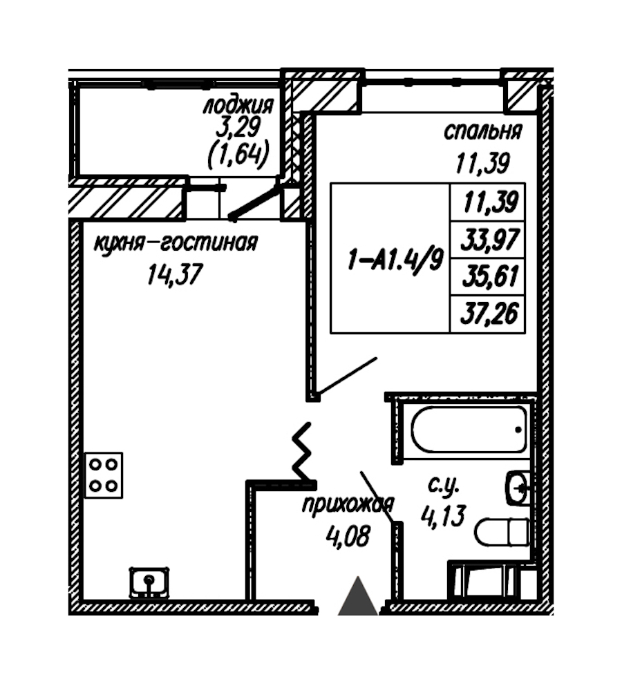 1-комнатная квартира 35.61 м², 9/9 эт., ЖК «Уютный»