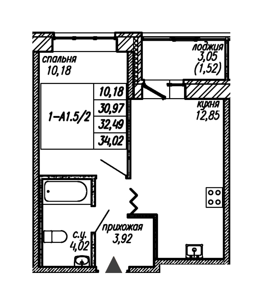 1-комнатная квартира 32.49 м², 2/9 эт., ЖК «Уютный»