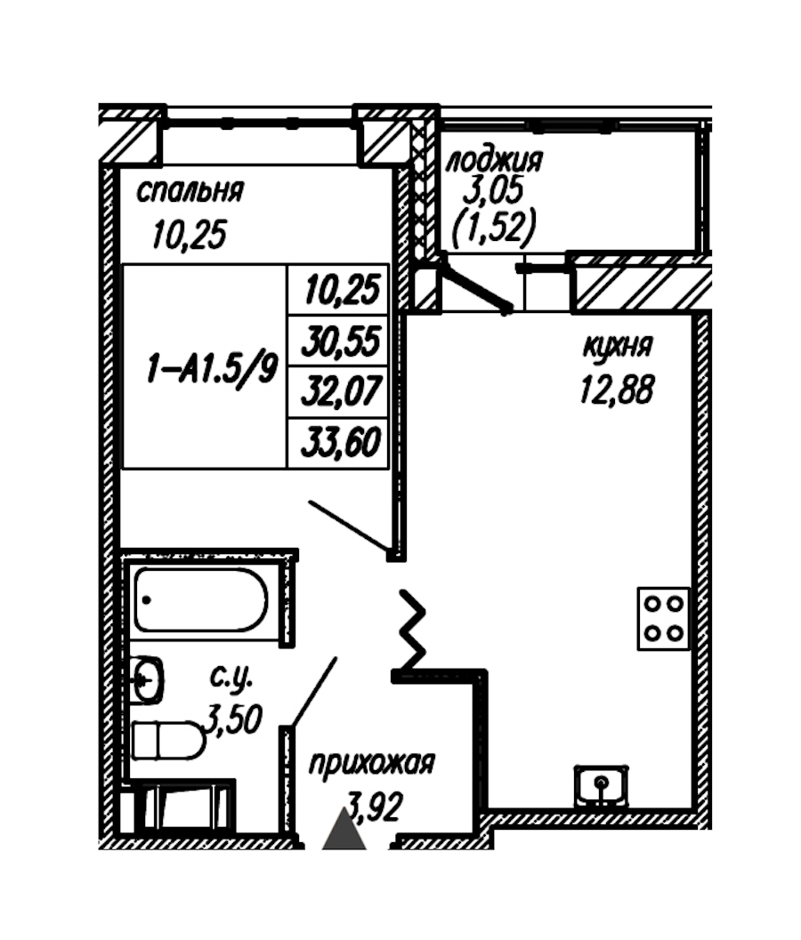 1-комнатная квартира 32.07 м², 9/9 эт., ЖК «Уютный»
