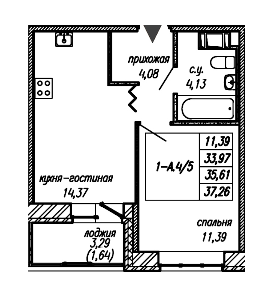 1-комнатная квартира 35.61 м², 3/9 эт., ЖК «Уютный»