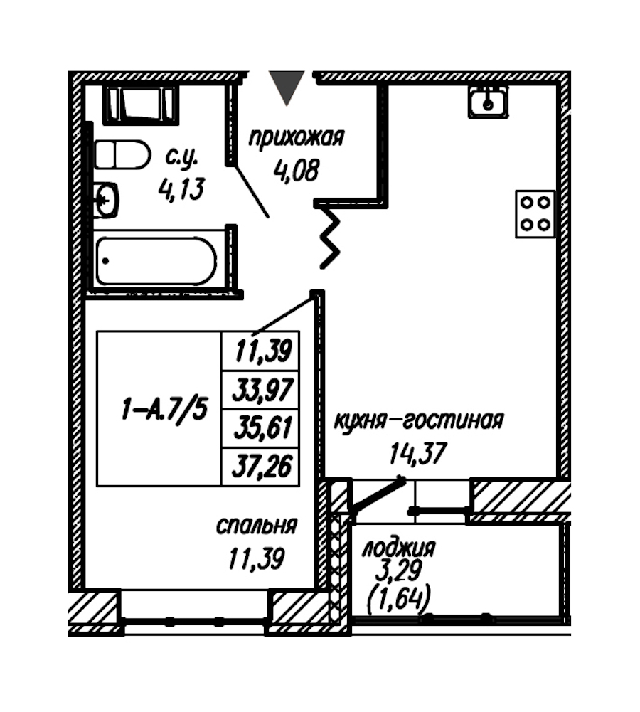 1-комнатная квартира 35.61 м², 3/9 эт., ЖК «Уютный»