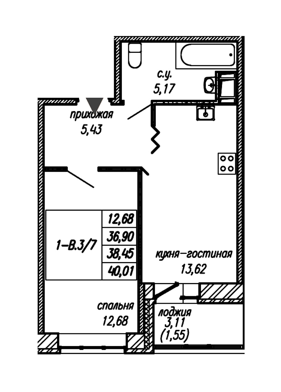 1-комнатная квартира 38.45 м², 7/9 эт., ЖК «Уютный»