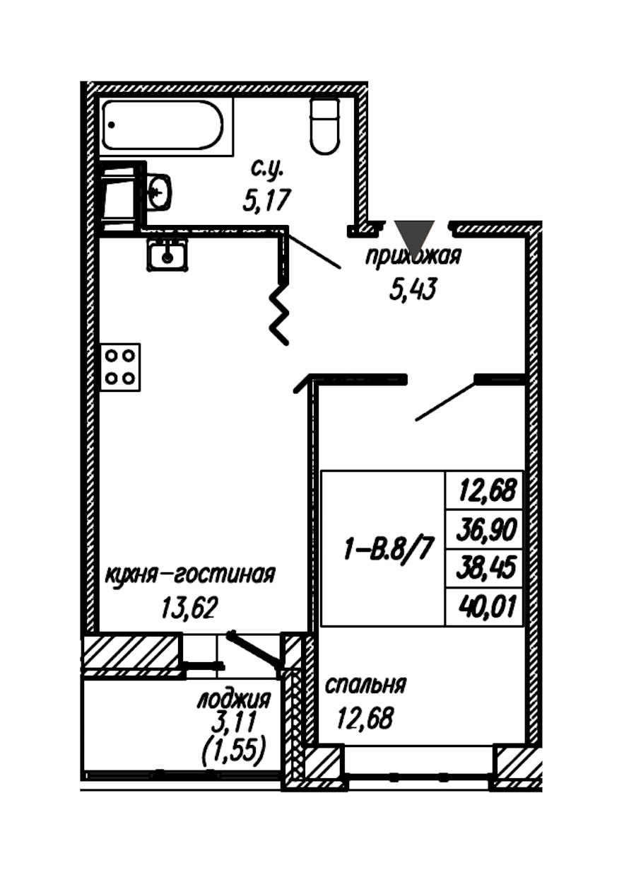 1-комнатная квартира 38.45 м², 4/9 эт., ЖК «Уютный»