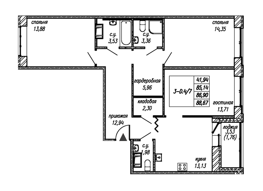 3-комнатная квартира 86.9 м², 7/9 эт., ЖК «Уютный»