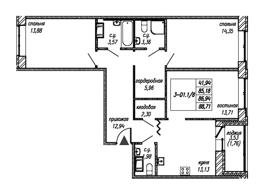 3-комнатная квартира 86.94 м², 6/9 эт., ЖК «Уютный»