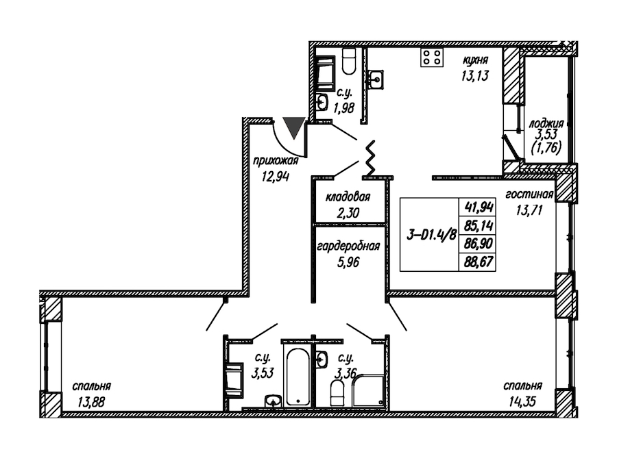 3-комнатная квартира 86.9 м², 6/9 эт., ЖК «Уютный»