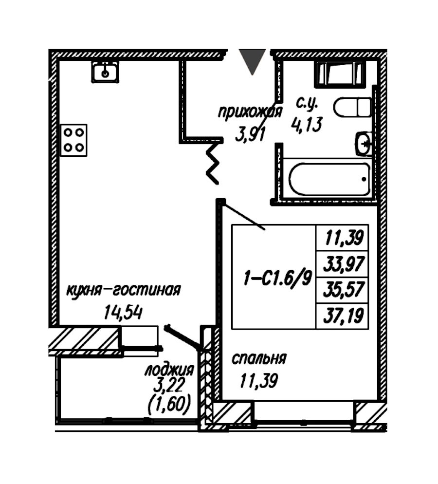1-комнатная квартира 35.57 м², 6/9 эт., ЖК «Уютный»