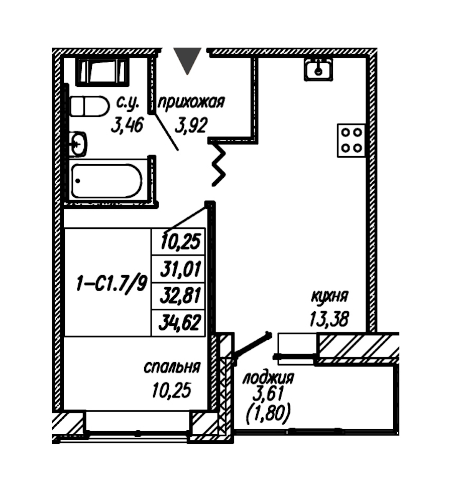 1-комнатная квартира 32.81 м², 7/9 эт., ЖК «Уютный»