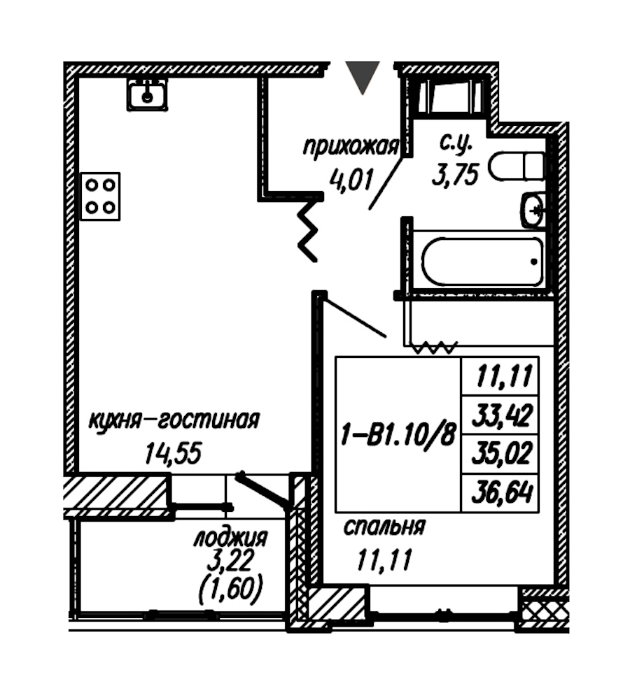 1-комнатная квартира 35.02 м², 7/9 эт., ЖК «Уютный»